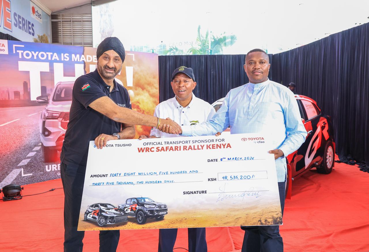 (Left - Right) CFAO Mobility Kenya Managing Director Mr. Arvinder Reel, WRC Safari Rally Kenya Chairman Mr. Charles Gacheru and Principal Secretary for Sports Mr. Elijah Mwangi
